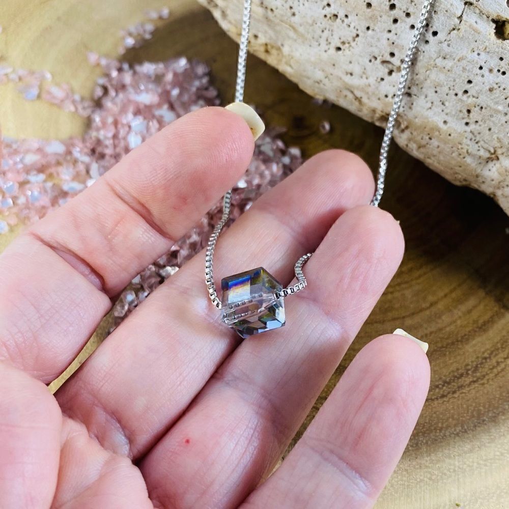 Crystal Rainbow Prism Cube Silver Chain Necklace